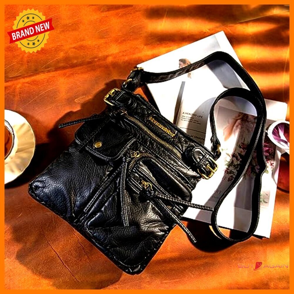 Vegan Leather Crossbody Bag with 9 Pockets, Adjustable Strap - Picture 2 of 7